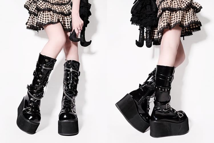 Studs Chains Metal Punk Polished Black Platform Boots