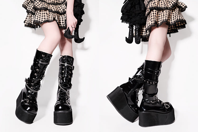 Studs Chains Metal Punk Polished Black Platform Boots