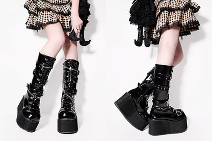 Studs Chains Metal Punk Polished Black Platform Boots