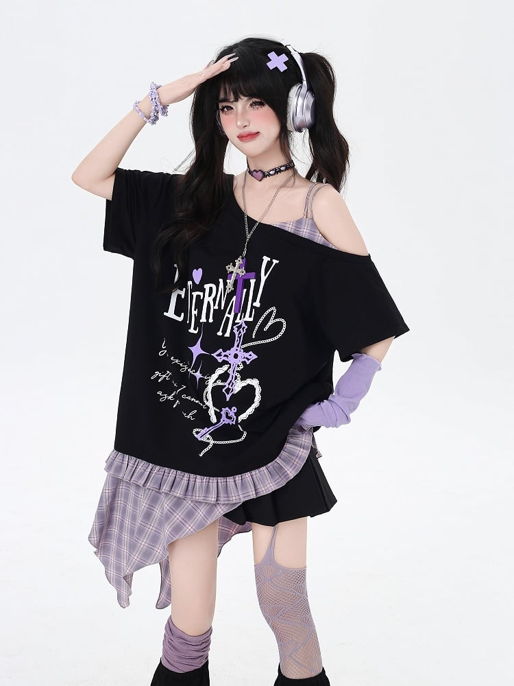 Asymmetrical Red/Purple Plaid Hem Black Punk Rock Graphic T-Shirt