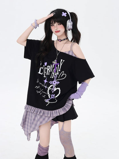 Asymmetrical Red/Purple Plaid Hem Black Punk Rock Graphic T-Shirt