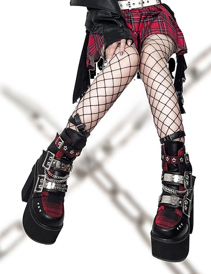 Black & Red Punk Rectangle Metal Plates Buckle Straps Platform High Block Heels with Studs and Chain