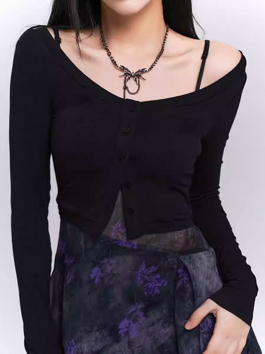 Black Slim-fitting Knitted Cropped Cardigan