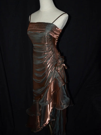 Khaki Vintage Floral Dress Asymmetrical Hem Prom Gown