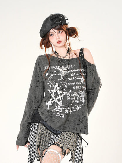 Asymmetrical Neckline Distressed Holes Black/White Graphic Coverup