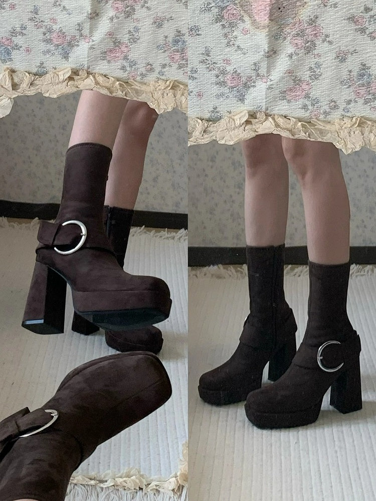 Buckle Details & Inner Zip Closure Square Toe Brown Mid-calf Boots with Platform High Block Heel