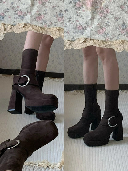 Buckle Details & Inner Zip Closure Square Toe Brown Mid-calf Boots with Platform High Block Heel