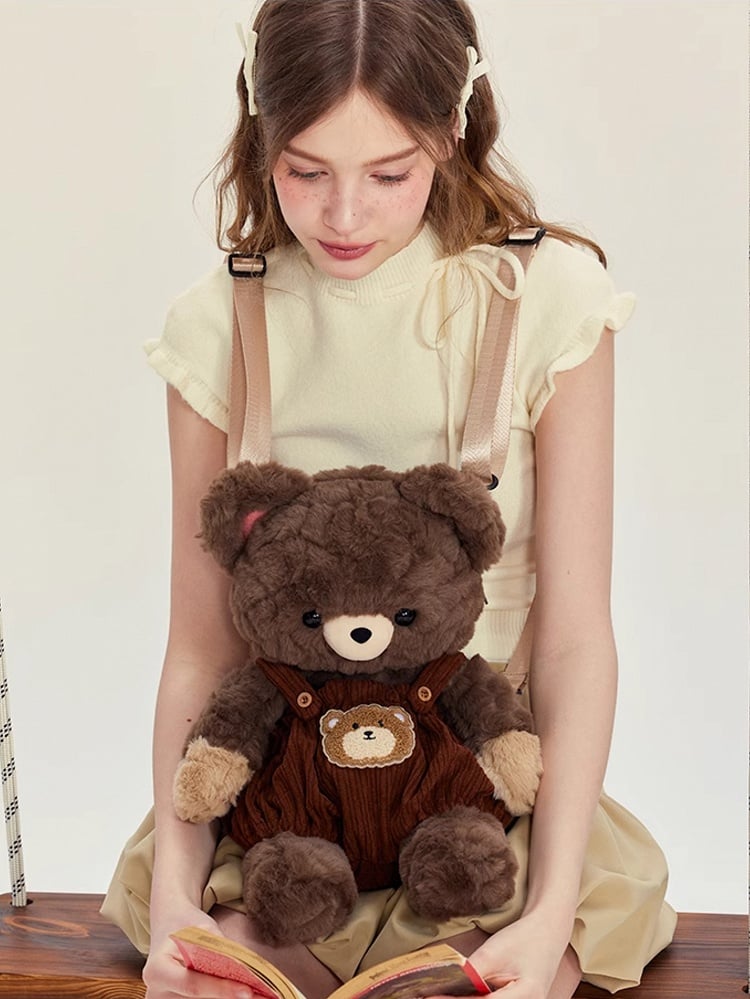 Chocolate Brown Cute Plush Bear Backpack + Overall Pants Middle/Large Size