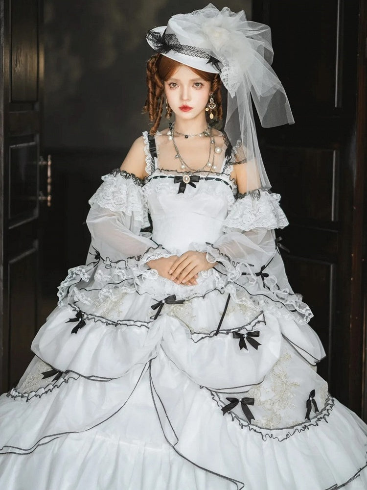Plus Sizes White & Black Ruffled Layers Sweet Lolita Dress Long Version+Train+Head Veil+Detachable Sleeves Full Set