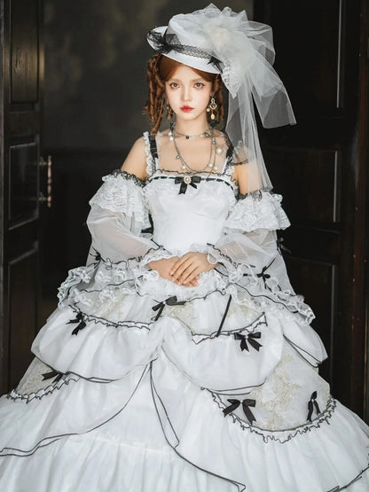 Plus Sizes White & Black Ruffled Layers Sweet Lolita Dress Long Version+Train+Head Veil+Detachable Sleeves Full Set