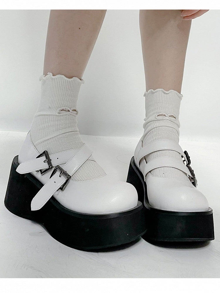 White Mary Janes - Double Buckle Design & Black Platform Sole