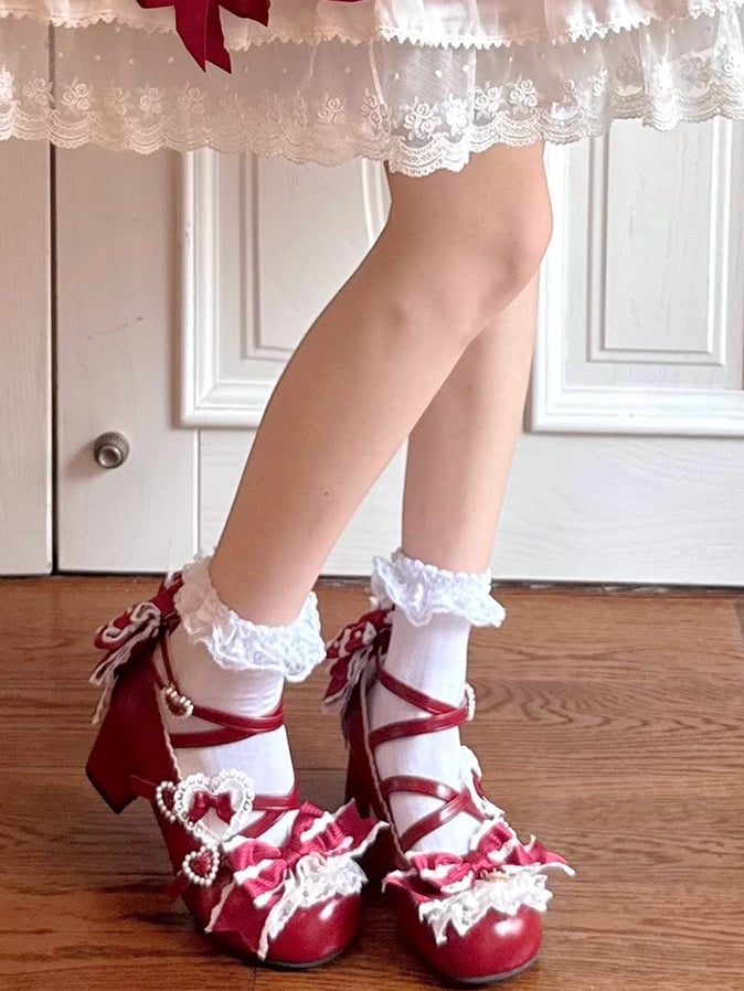 Red Sweet Lolita Bowknot Details Crisscross Design Heart Buckle Straps 2CM/5CM Block Heels Shoes