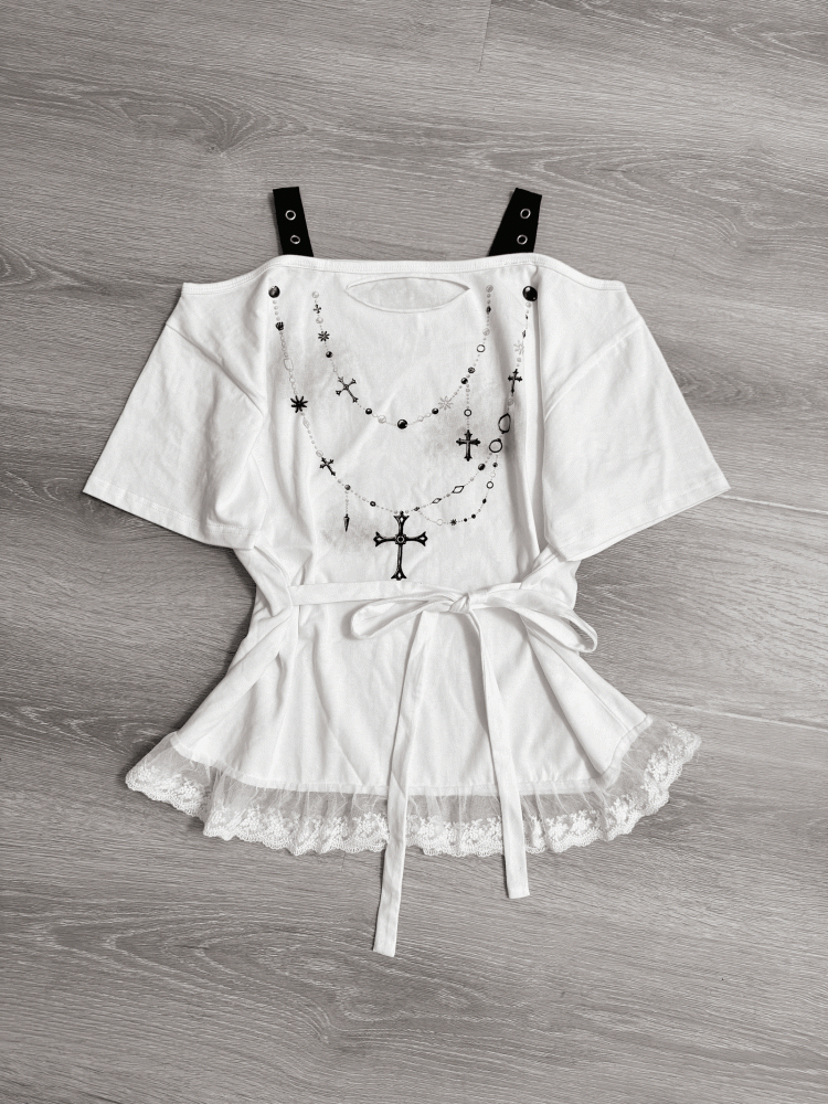 White Off-the-shoulder Neckline Cross Chains Print Lace Trim T-shirt Self-tie Straps at Waist