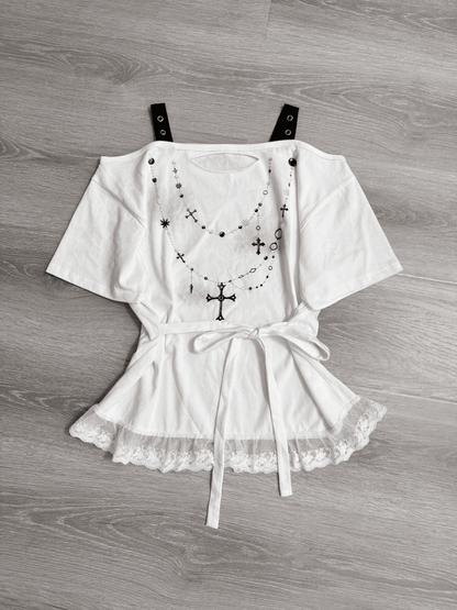 White Off-the-shoulder Neckline Cross Chains Print Lace Trim T-shirt Self-tie Straps at Waist