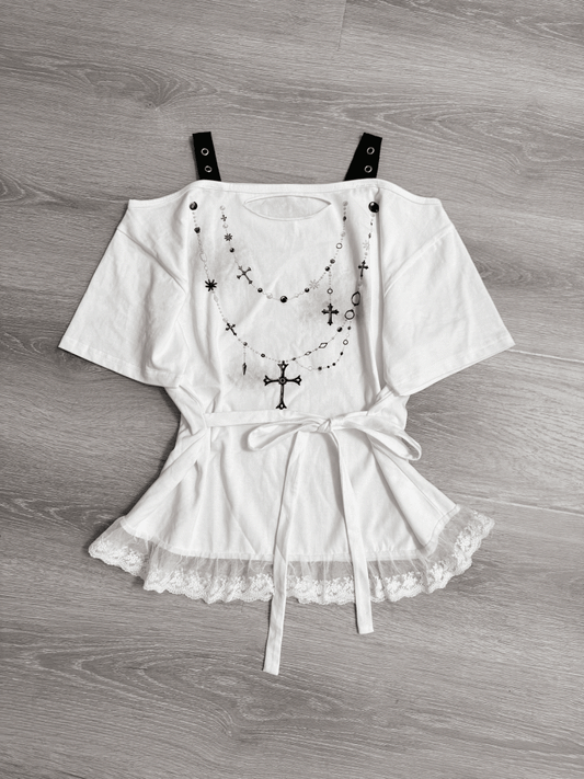 White Off-the-shoulder Neckline Cross Chains Print Lace Trim T-shirt Self-tie Straps at Waist