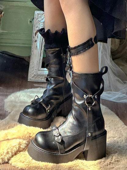 Black Buckle Strap Punk Platform Block Heel Boots