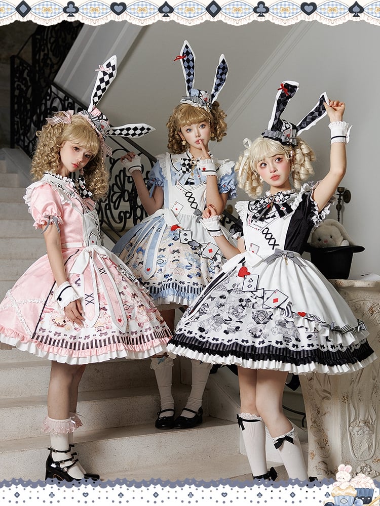 Alice in Wonderland Vibes Pink Bunny and Teapot Print Apron Dress Sweet Lolita OP / Full Set
