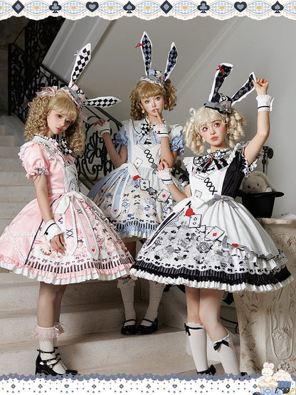 Alice in Wonderland Vibes Pink Bunny and Teapot Print Apron Dress Sweet Lolita OP / Full Set