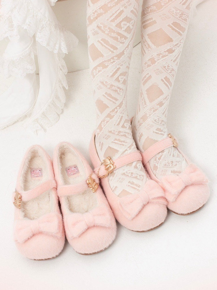 Plush Sweet Pink Flat Shoes for Lolita with Decorative Bow & Hugging Bear Clasps - Regular/Thicken Version