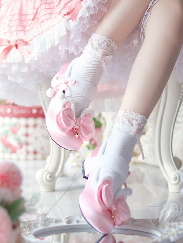 Pink Sweet Lolita Heart Charm Plush Bunny Ear Bow at Top Round Toe Shoes