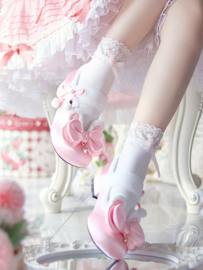 Pink Sweet Lolita Heart Charm Plush Bunny Ear Bow at Top Round Toe Shoes