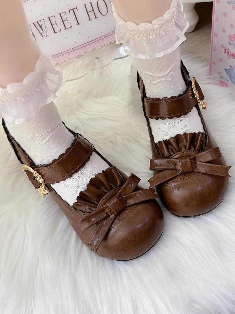Brown Sweet Lolita Mid-heel Mary Janes - Round ToeDesign with Bow, Ruffle Details & Scalloped Fastener