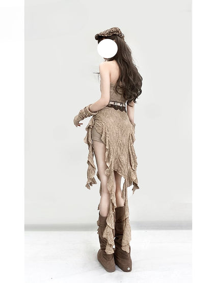 Millard Fashion Light Brown Wasteland Punk Asymmetrical Flounce Hem Strapless Dress