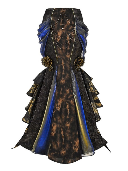 Black and Gold Victorian Goth Mermaid Skirt with Removable Roses Pin and Bead Chain