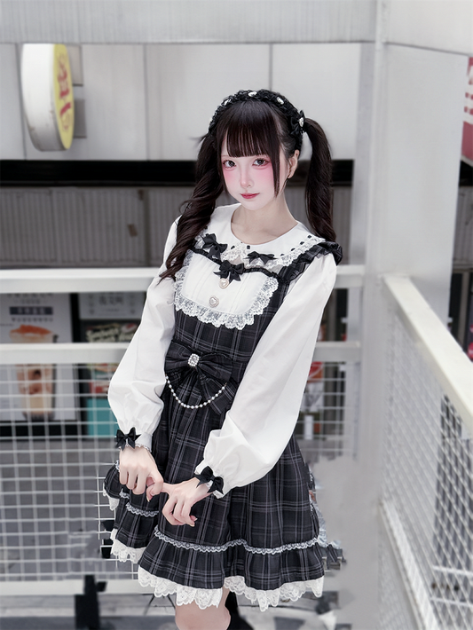 Black Jirai Kei Ruffled KC with Heart Rhinestones and Bow Accents