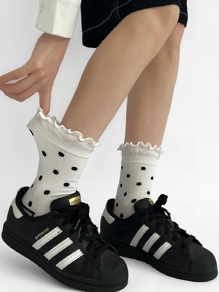 White&Black Polka-dot Pattern Ribbed Trim Socks