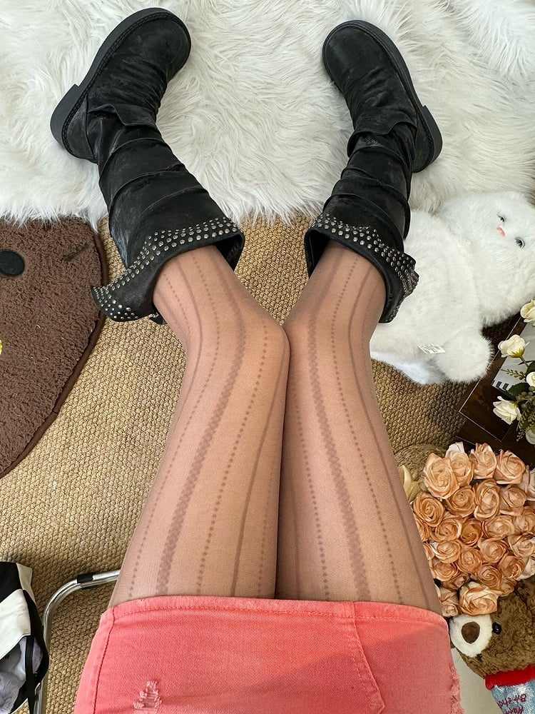 Brown/Gray/White/Black Y2K Striped Pattern Tights