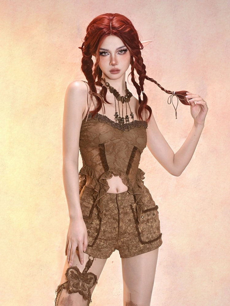 Summer Essential Lace Vintage-Inspired Spaghetti Strap Brown Top for Women