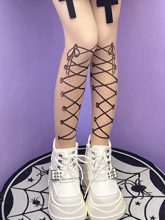 Nude Y2K Lace-up Straps Print Tights
