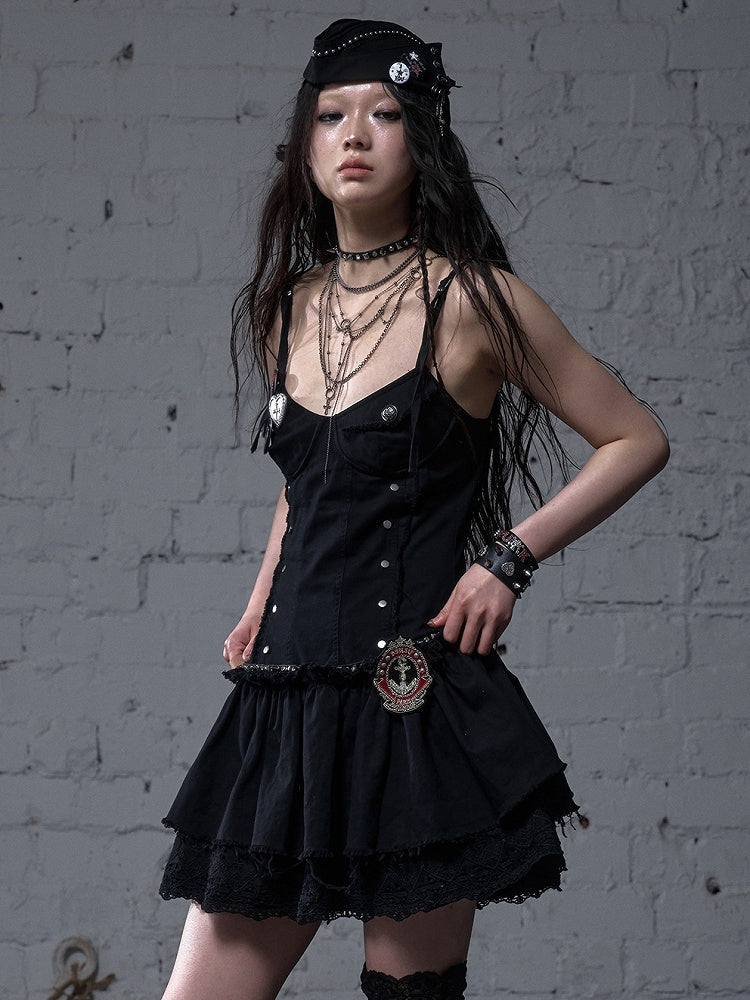 Black/White Dropped Waist Stud Details Raw Hem Punk Cami Dress