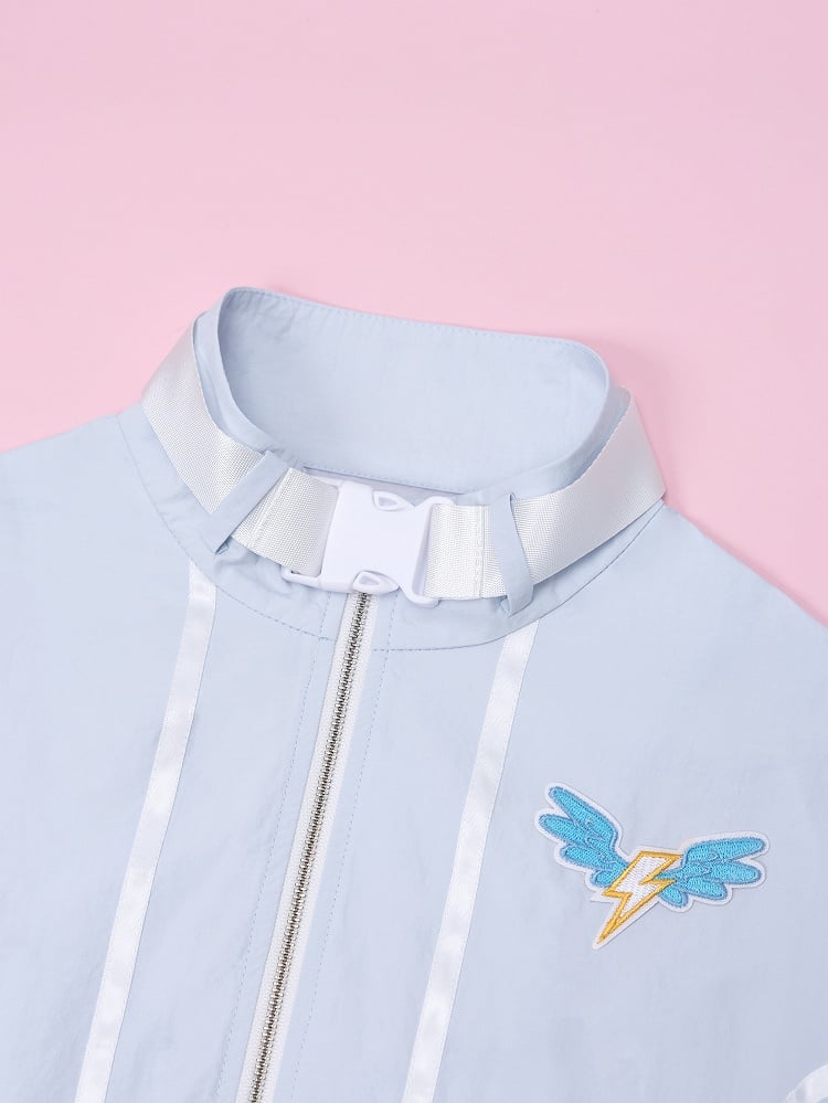 Buckle Strap High Collar Blue Moto Jacket with Lightning Wing Patch Rainbow Dash Vibes