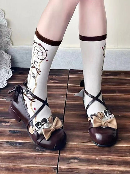 Brown Clock Print Alice In Wonderland Vibes Lolita Calf Socks