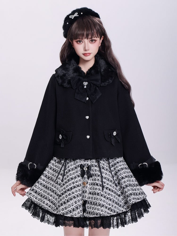 Jirai Kei Black Detachable Faux Fur Collar and Cuffs Landmine Style Coat
