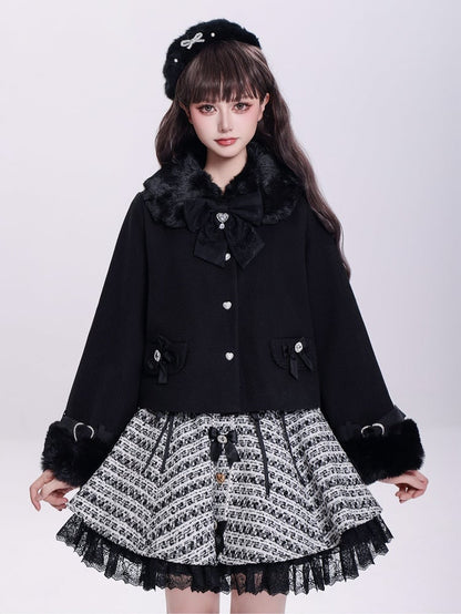 Jirai Kei Black Detachable Faux Fur Collar and Cuffs Landmine Style Coat