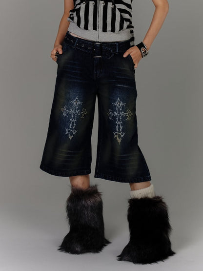 Blue Cross Print Faded Wash Glamorous Distressed Jeans with Buckle Belt