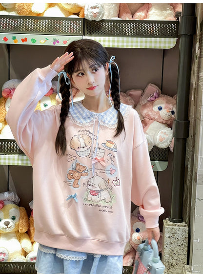 Adorable Cartoon Puppy Print Pink Round Neck Loose Sweatshirt