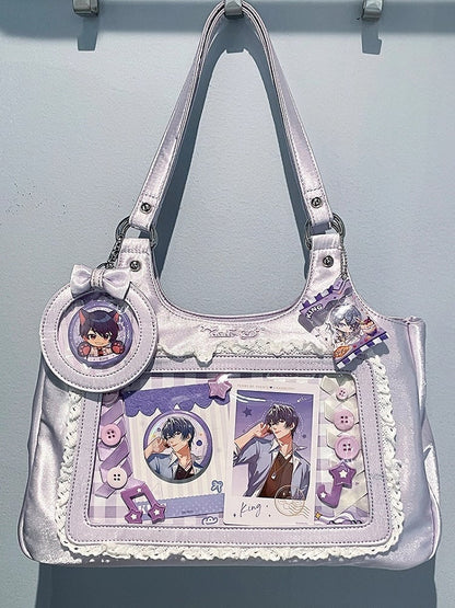 Kawaii Purple Satin Lace Trim Daily Ita bag with Card Holder Charm