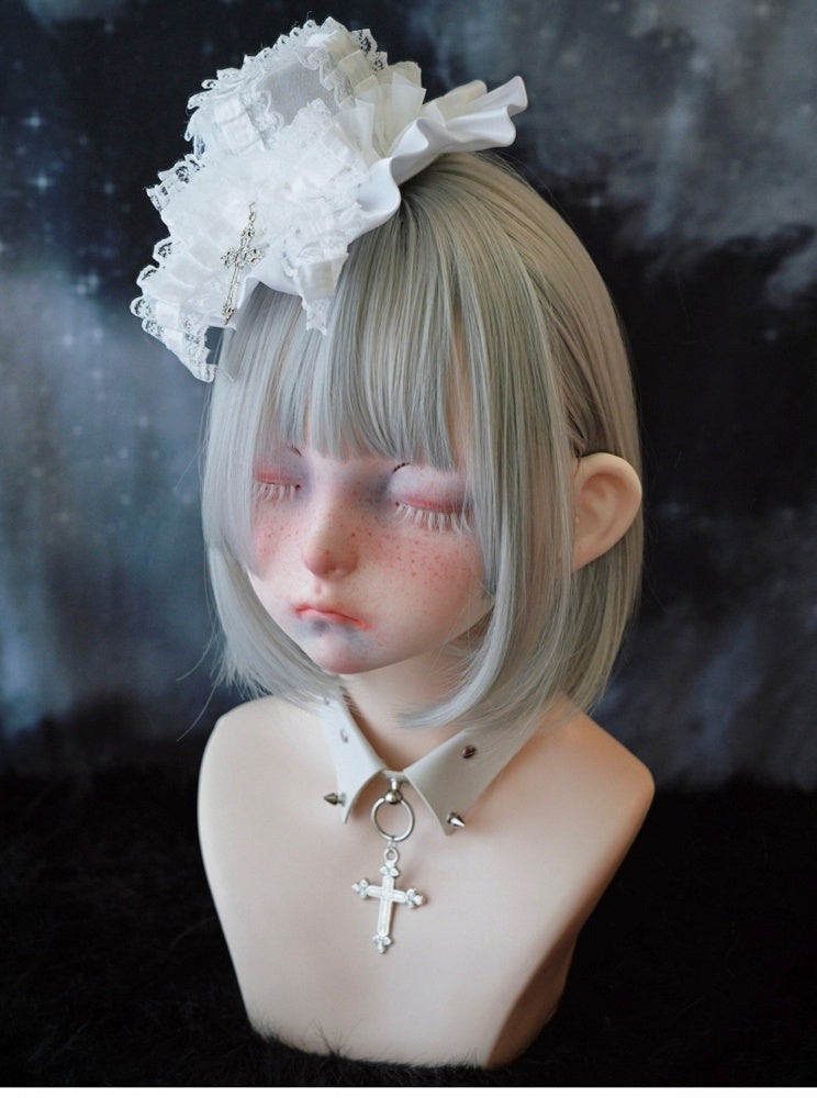 White Gothic Cross Lace Bow Ruffle Hem Hat Hairclip