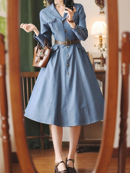 Retro-Style Elegant Long Sleeves Denim Dress with Brown Belt