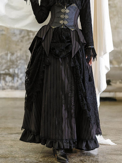 Gothic Black Lace Overlay Striped Skirt And Handkerchief Hem Train Set