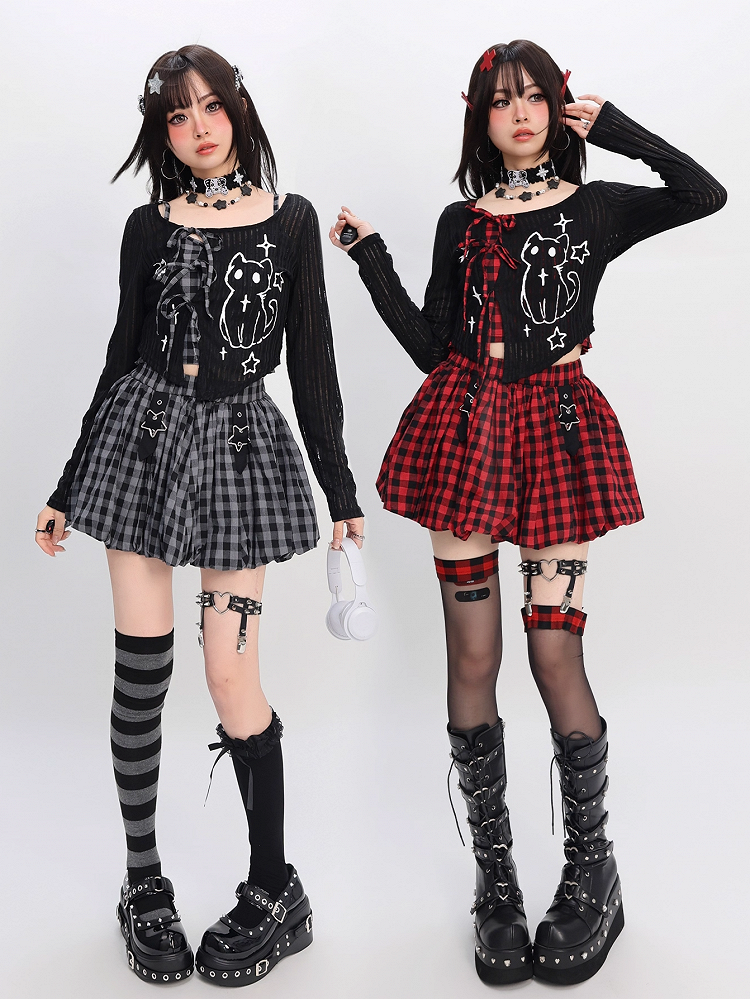 Y2K Red/Gray Plaid Cami Top with Kitten Print Black Coverup Set