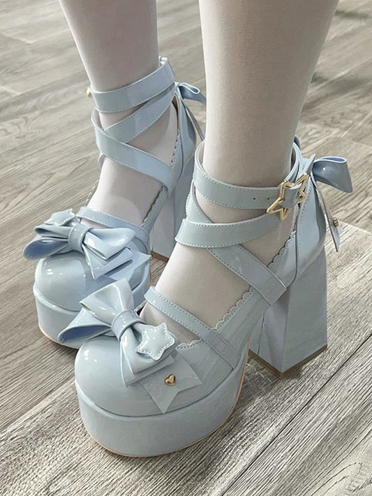 Blue Bow at Top Crisscross Design Sweet Lolita Platform High Block Heels