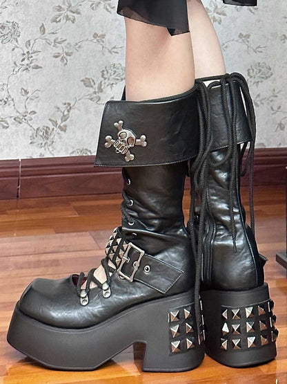 Skull and Studs Black Front Lace-up Punk Chunky Platform Boots