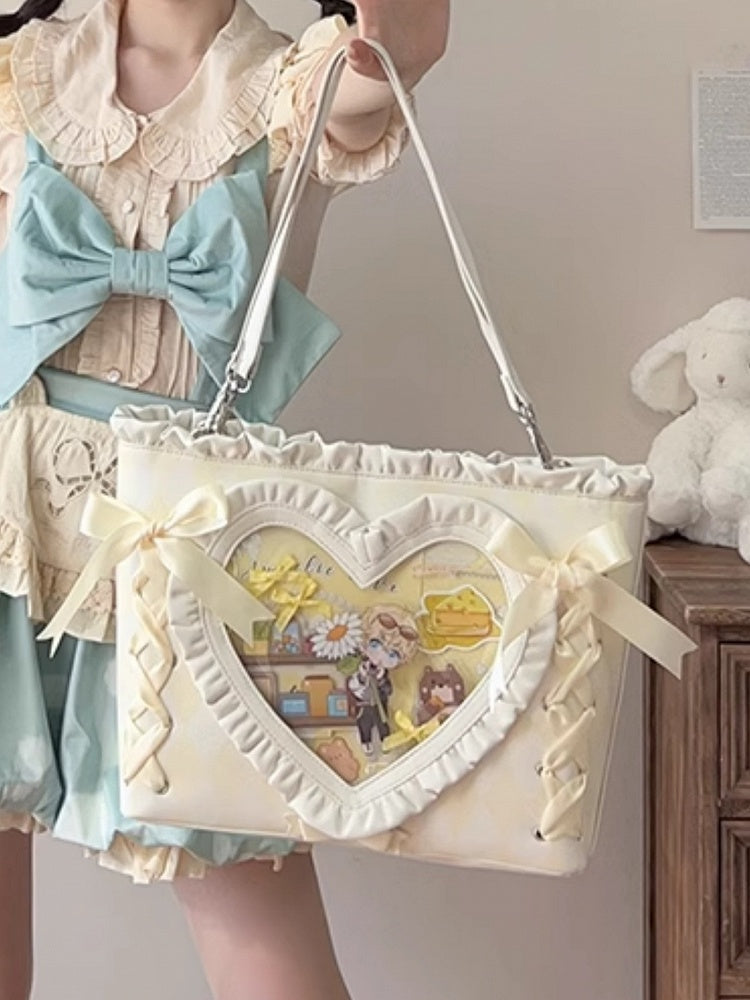 Yellow Diamond Pattern Lace-up Design Ruffles Trim Heart PU Tota Ita Bag
