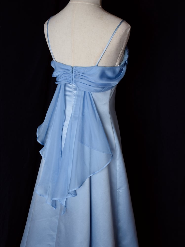 Vintage Blue Satin Spaghetti Straps Gown Elegant Dress