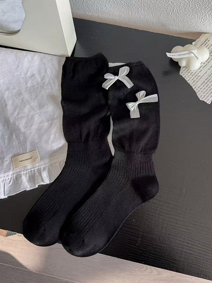 Black/White/Beige/Gray Lolita Bowknot Details Calf Socks